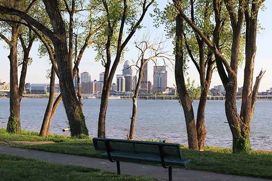 Louisville KY, USA- April 19, 2021: A view of downtown Louisville, Kentucky by the Ohio River